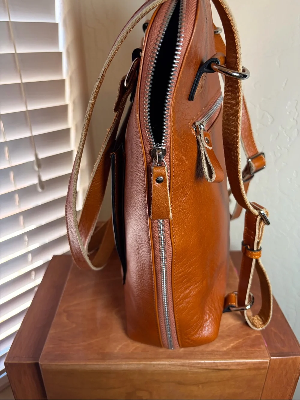 S-ZONE Genuine Leather Backpack Cognac Brown Laptop Travel Bag Unisex